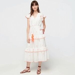 NEW J. Crew Embroidered Eyelet Tie Waist V Neck Tiered Midi Dress